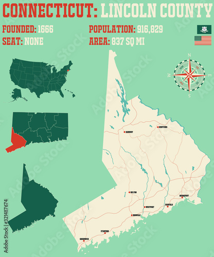 Large and detailed map of Lincoln county in Connecticut, USA. photo