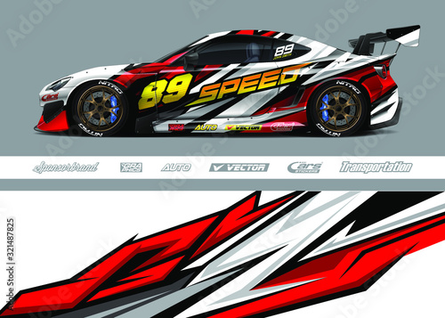Race car livery design vector. Graphic abstract stripe racing background designs for vinyl wrap, race car, cargo van, pickup truck and adventure. Full vector Eps 10. © zoulgraphic