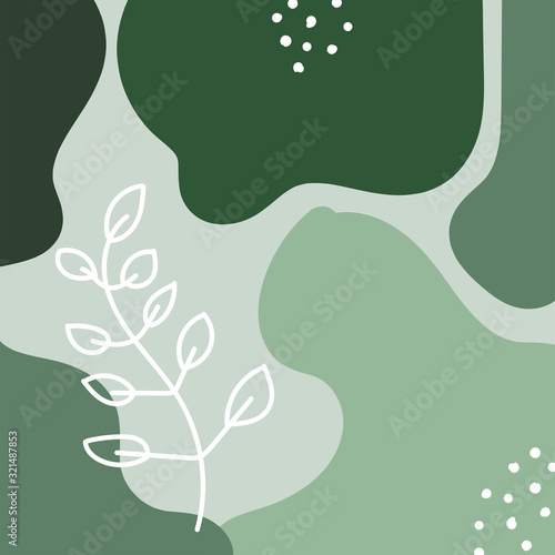 Trendy spring abstract background or card templates with leaves an branches in green colors, vector illustration in popular art style