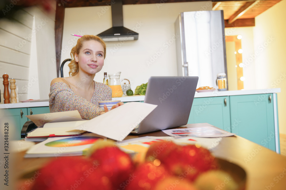 Positive delighted female person thinking about results Positive delighted female person thinking about results