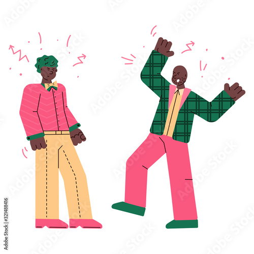 Male characters fighting and quarrelling sketch vector illustration isolated.