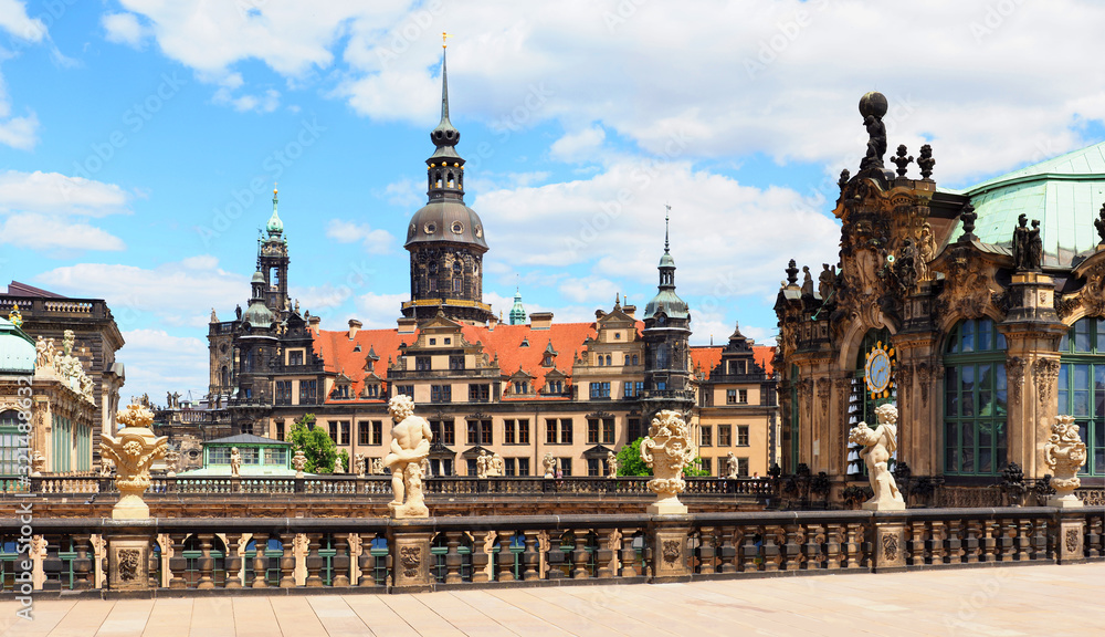 Zwinger palace complex, Dresden, Germany, panoramic view. Glockenspiel Dresden Zwinger, Dresden Castle, Residenzschloss, Hofkirche