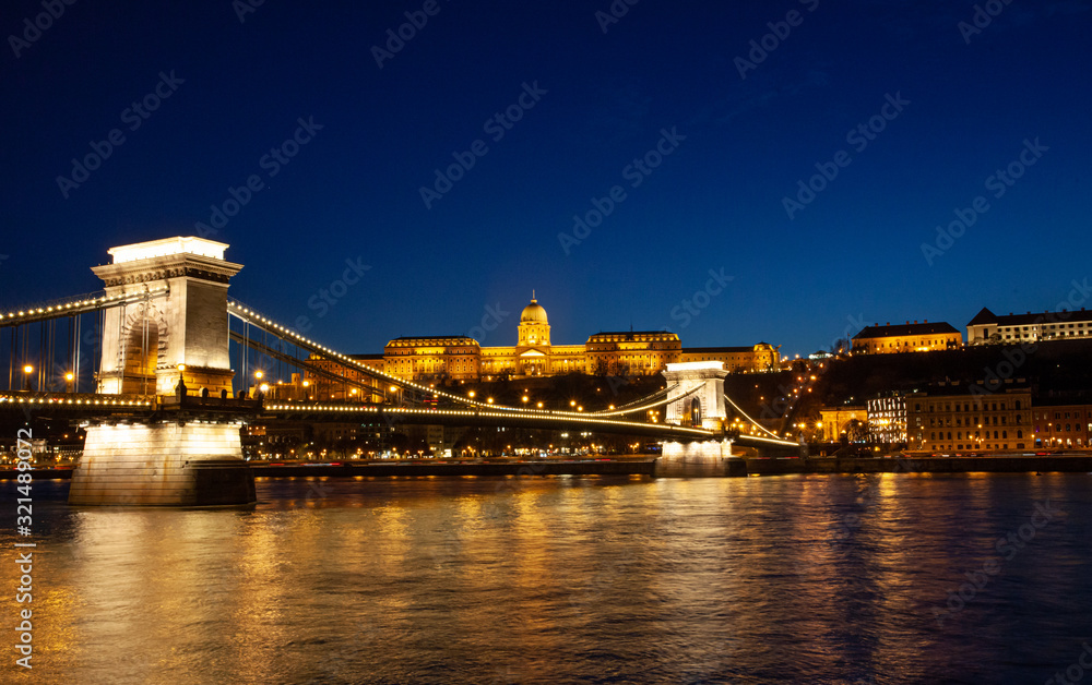 Famous chain bridge in Budapest at night. Hungarian landmarks