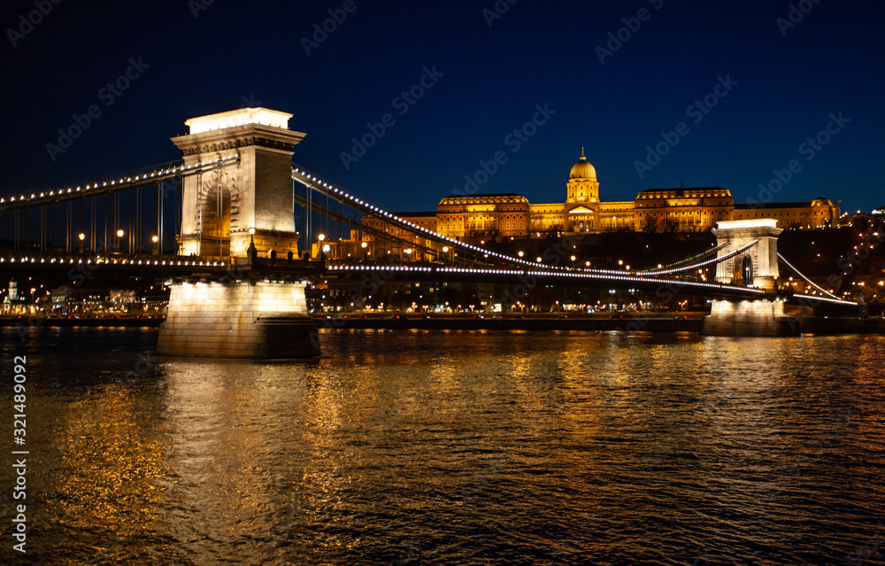 Famous chain bridge in Budapest at night. Hungarian landmarks