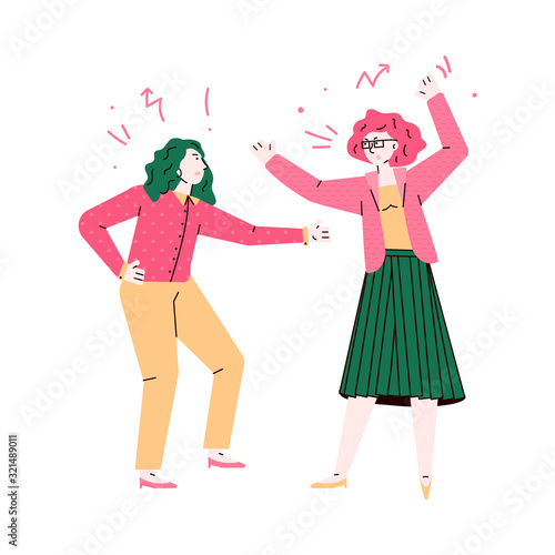 Furious women fighting and quarrelling sketch vector illustration isolated.
