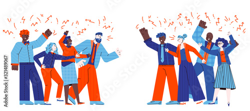 Groups of conflicting people quarrelling sketch vector illustration isolated.