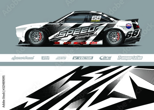 Race car livery design vector. Graphic abstract stripe racing background designs for vinyl wrap, race car, cargo van, pickup truck and adventure. Full vector Eps 10.