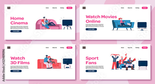 Home cinema banners set with people watching TV sketch vector illustration.