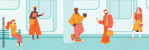 People waiting commuter train on subway platform sketch vector illustration.