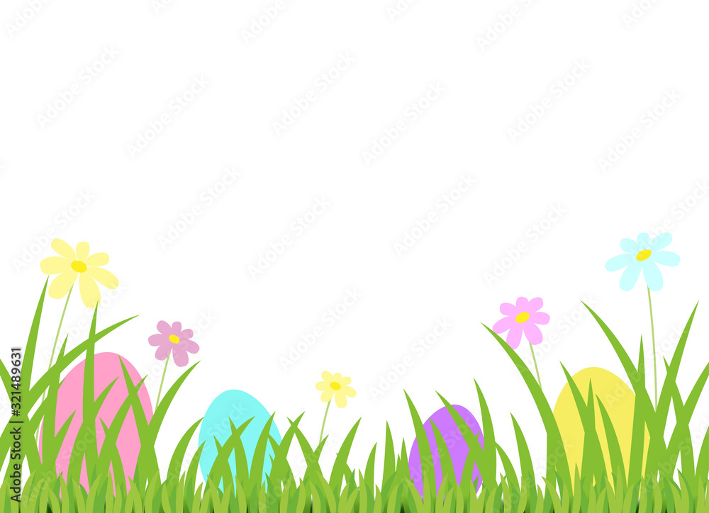 Fototapeta Wielkanocny tło Jajka, trawa i kwiaty na bielu.