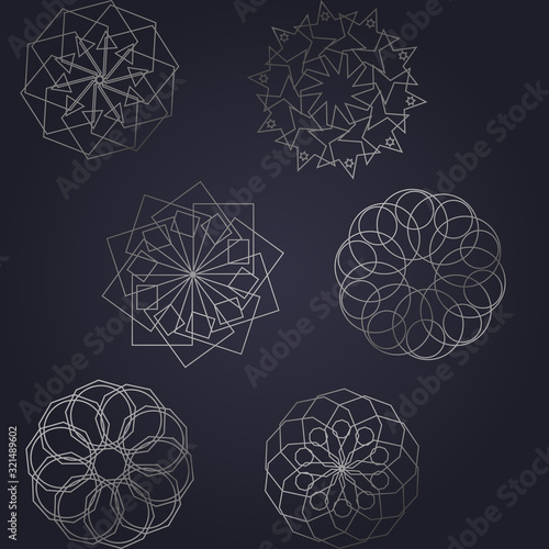 Set of logo templates in minimalist style. Tribal tattoo symbols package. Silver ornaments for jewelry design. Monochrome logos vector illustration 