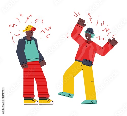 Men characters fighting and quarrelling sketch vector illustration isolated.