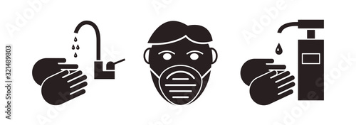 Virus Prevention Icons. Wash hands with soap and antiseptic. Wear a protective medical mask.
