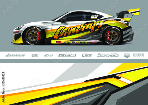 Race car livery design vector. Graphic abstract stripe racing background designs for vinyl wrap, race car, cargo van, pickup truck and adventure. Full vector Eps 10.
