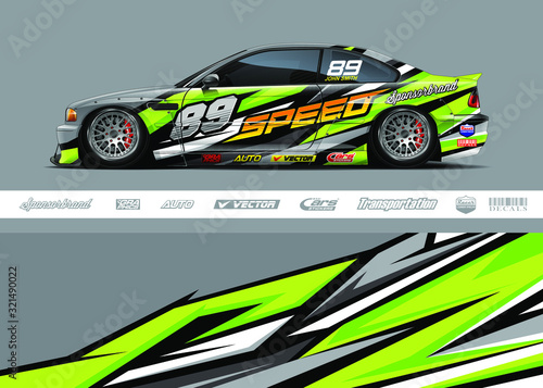 Race car livery design vector. Graphic abstract stripe racing background designs for vinyl wrap  race car  cargo van  pickup truck and adventure. Full vector Eps 10.