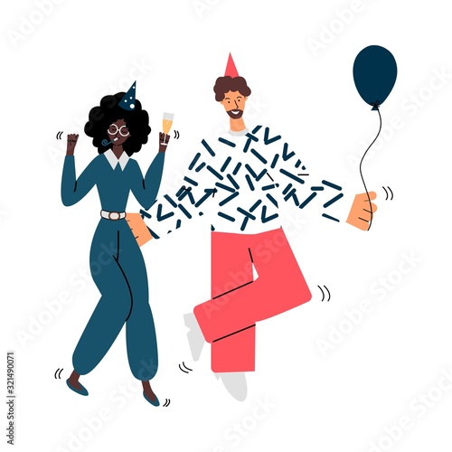 Woman and man in birthday hats dance sketch cartoon vector illustration isolated.