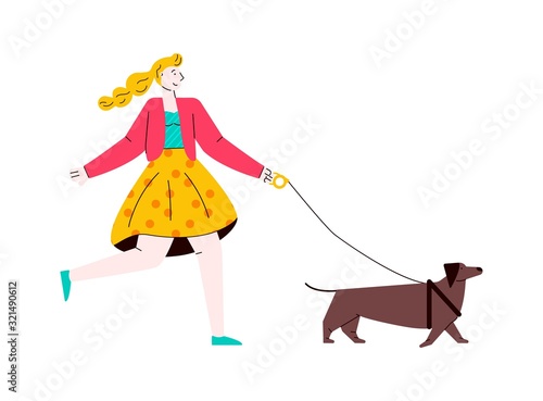 Cartoon woman and brown dog on a walk isolated on white background