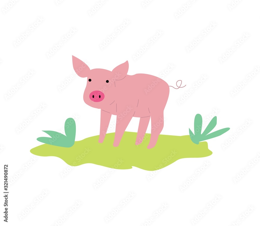 Cute pink pig or piglet character or icon, flat vector illustration isolated.