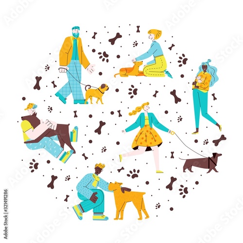 Isolated dog poster with cartoon characters walking their dogs and showing love