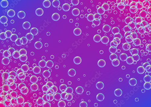 Shampoo bubble. Detergent bath foam, suds and soap for bathtub. 3d vector illustration concept. Multicolor fizz and splash. Realistic water frame and border. Purple colorful liquid shampoo bubble.