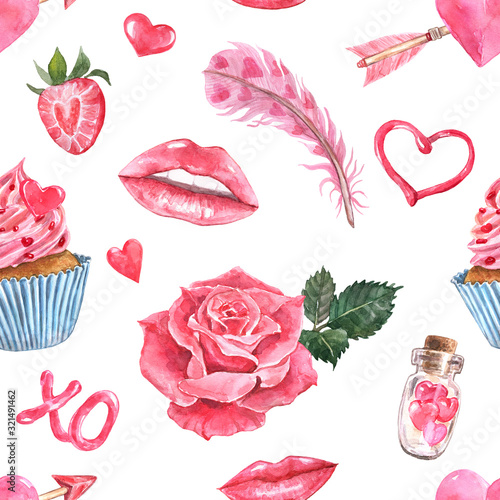 alentines day themed seamless pattern. Watercolor hand painted red and pink lips, rose, feather, cake, hearts, strawberry, isolated on white background photo