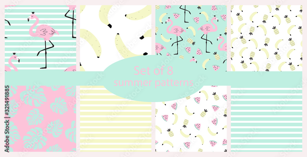 Set of 8 summer patterns with flamingos and fruit banana, pineapple, watermelon, strips, leaves. Vector illustration for printing on fabric, packaging paper, postcard, Wallpaper. 