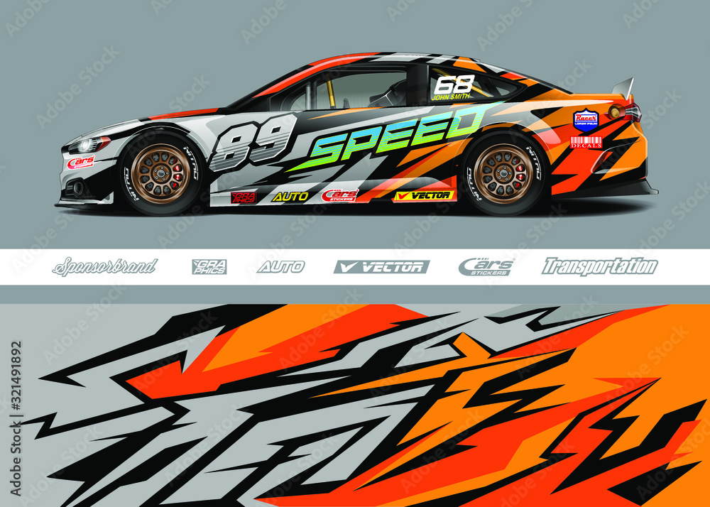 Race car livery design vector. Graphic abstract stripe racing background designs for vinyl wrap, race car, cargo van, pickup truck and adventure. Full vector Eps 10. Race car livery design vector. Graphic abstract stripe racing background designs for vinyl wrap, race car, cargo van, pickup truck and adventure. Full vector Eps 10.