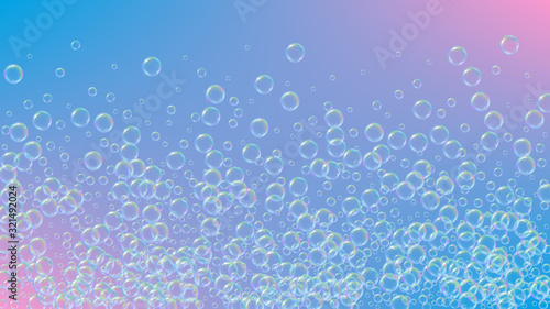 Soap cleaning foam background. Shampoo bubbles and suds. 3d vector illustration design. Creative spray and splash. Realistic water frame and border. Purple colorful liquid soap cleaning.