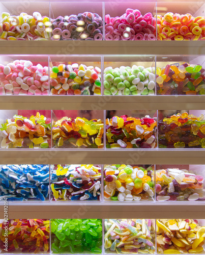 Sweets on display for pick and mix in candy shop