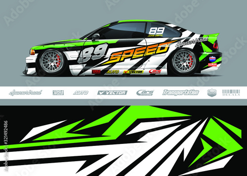 Race car livery design vector. Graphic abstract stripe racing background designs for vinyl wrap  race car  cargo van  pickup truck and adventure. Full vector Eps 10.
