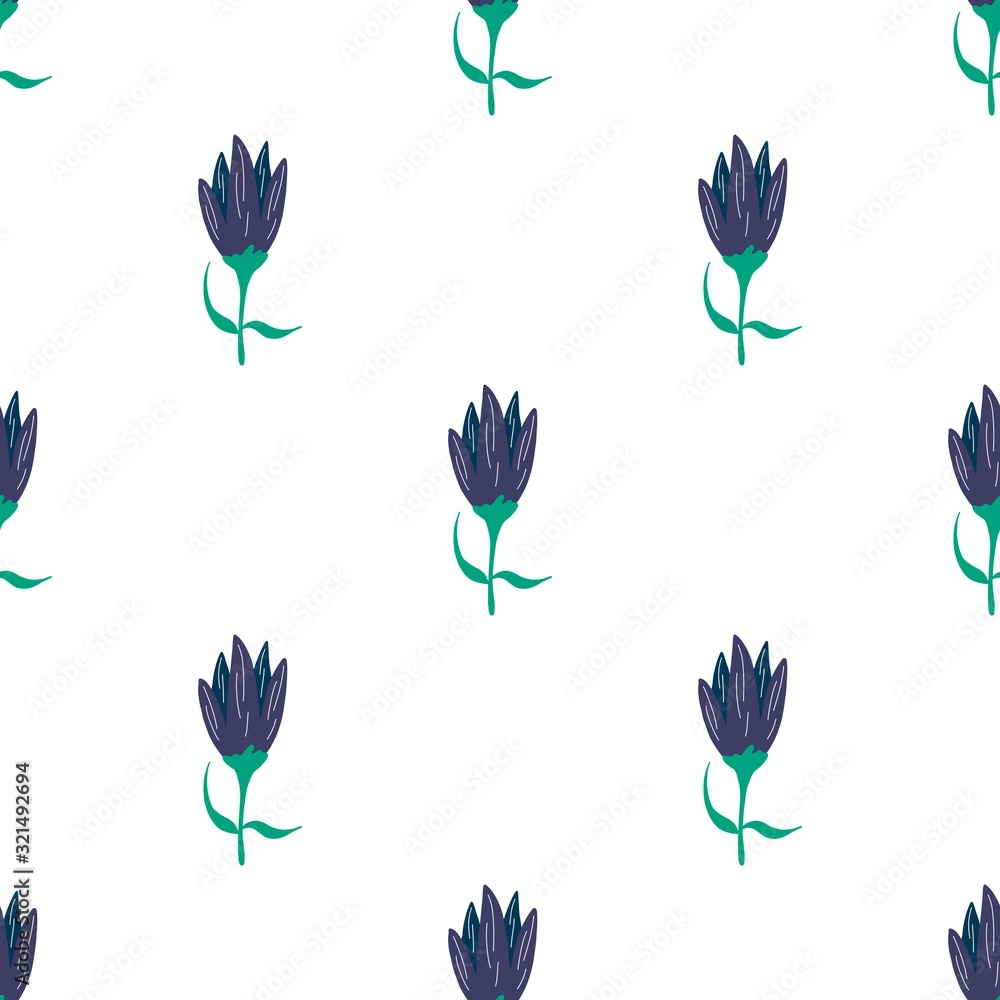 Vector spring floral background. doodle style. dark lilac tulips on a white background. Perfect for fabric design, gift wrapping, spring greeting cards, or website backgrounds.