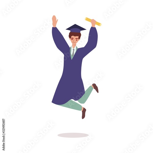 Cartoon man in graduation cap and robe holding diplome and jumping