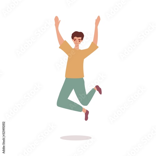 Cheerful man jumping high in the air, flat cartoon vector illustration isolated.