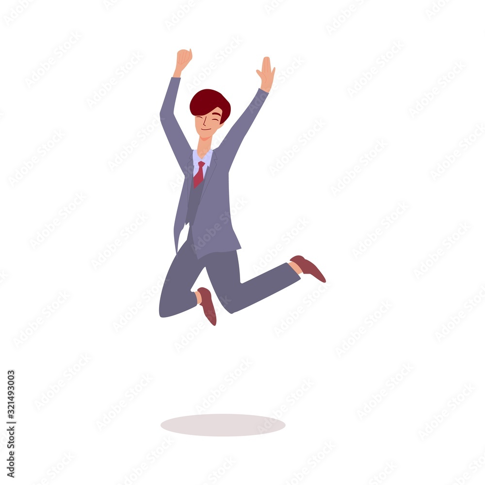 Happy businessman jumping in air - adult cartoon man in business suit