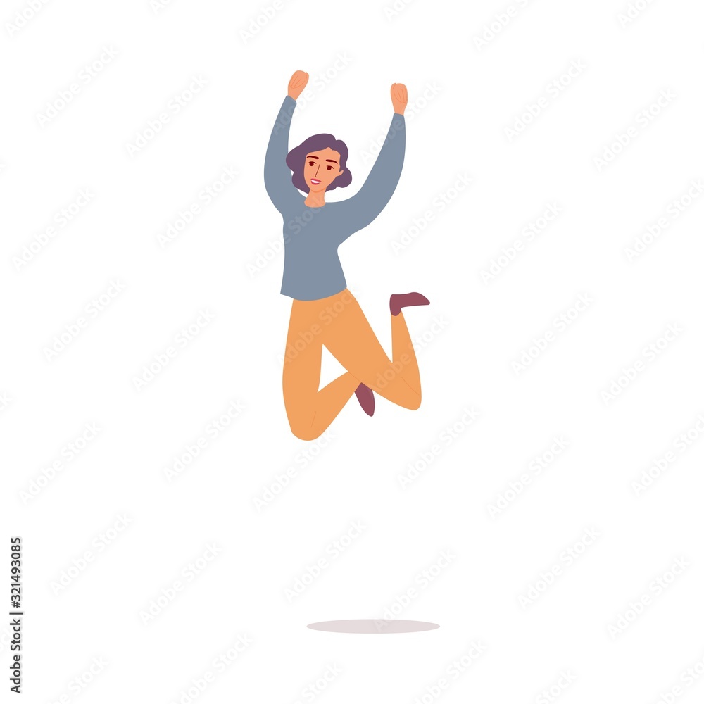 Fototapeta premium Happy cheerful woman jumping high, flat cartoon vector illustration isolated.