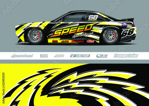 Race car livery design vector. Graphic abstract stripe racing background designs for vinyl wrap, race car, cargo van, pickup truck and adventure. Full vector Eps 10.