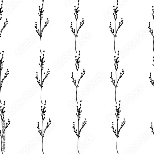 Spring seamless pattern on white background. Sprig drawing, botanical prints, floral illustrations, pen flower sketch art, black and white prints