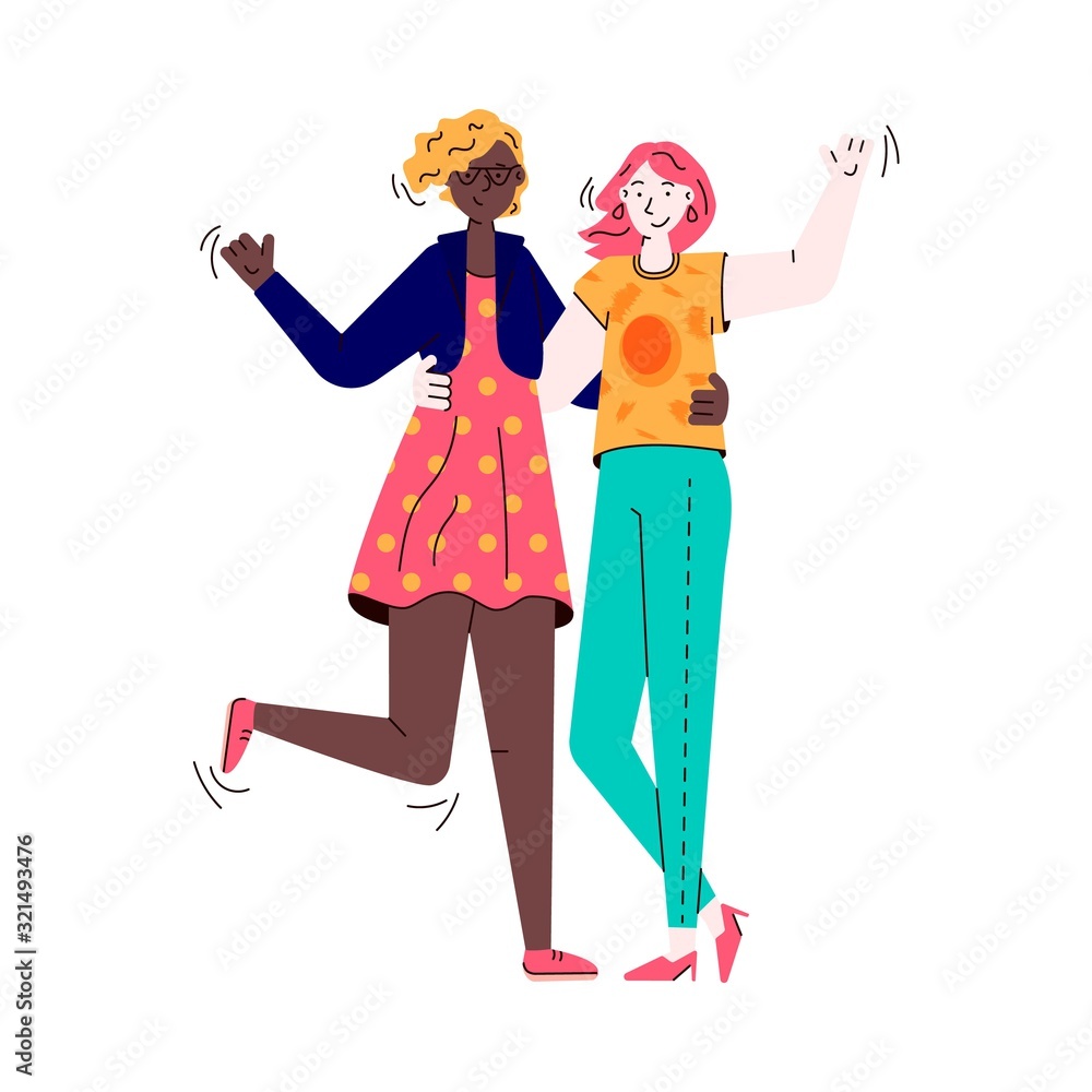 Two women sharing friend hug - cartoon people isolated on white background. Two women sharing friend hug - cartoon people isolated on white background.