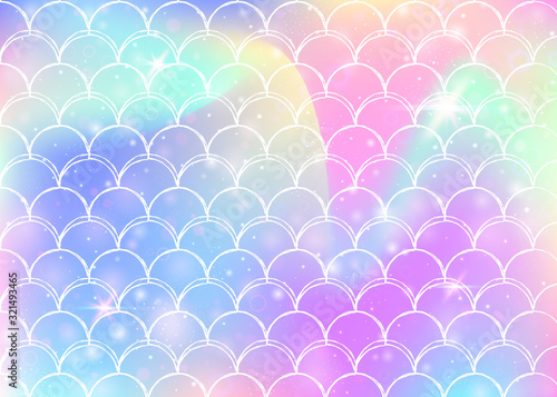 Princess mermaid background with kawaii rainbow scales pattern. Fish tail banner with magic sparkles and stars. Sea fantasy invitation for girlie party. Iridescent princess mermaid backdrop.
