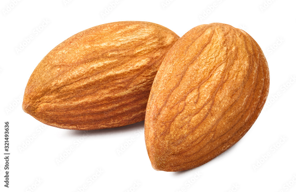 Close-up of two delicious almonds, isolated on white background Close-up of two delicious almonds, isolated on white background