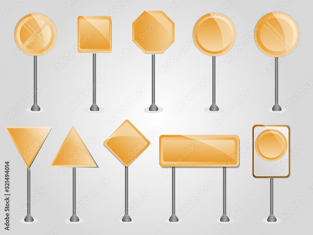 Set of empty volume road signs. Realistic scalable with 3d volumetric. Empty space for text. Vector illustration isolated on white Set of empty volume road signs. Realistic scalable with 3d volumetric. Empty space for text. Vector illustration isolated on white