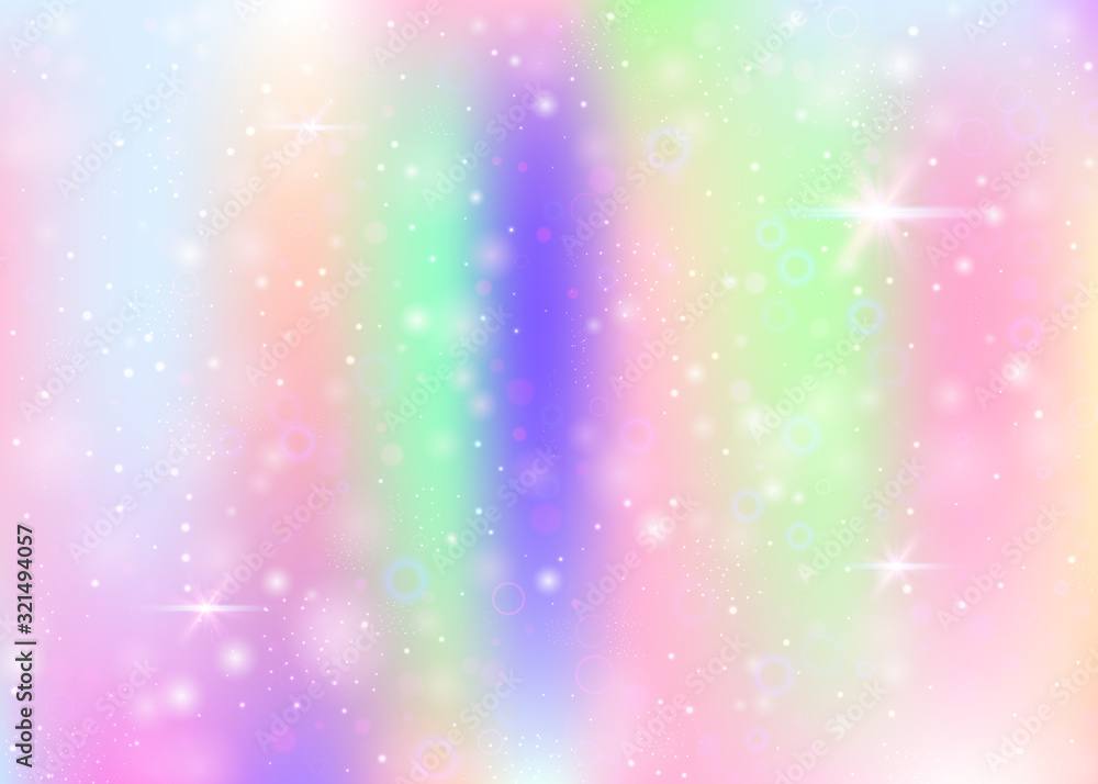 Holographic background with rainbow mesh. Mystical universe banner in princess colors. Fantasy gradient backdrop with hologram. Holographic magic background with fairy sparkles, stars and blurs.