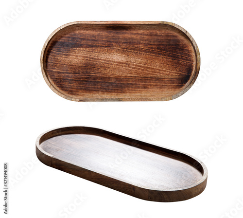 Dark wooden serving tray isolated on white background, top view.