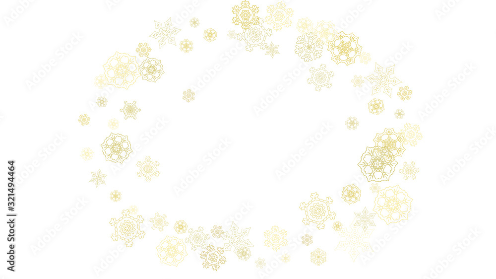 Glitter snowflakes frame on white horizontal background. Shiny Christmas and New Year frame for gift certificate, ads, banners, flyers. Falling snow with golden glitter snowflakes for party invite Glitter snowflakes frame on white horizontal background. Shiny Christmas and New Year frame for gift certificate, ads, banners, flyers. Falling snow with golden glitter snowflakes for party invite
