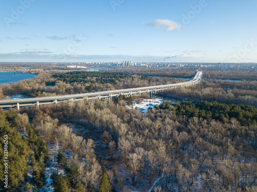 Aerial drone view. The bridge under construction in Kiev.