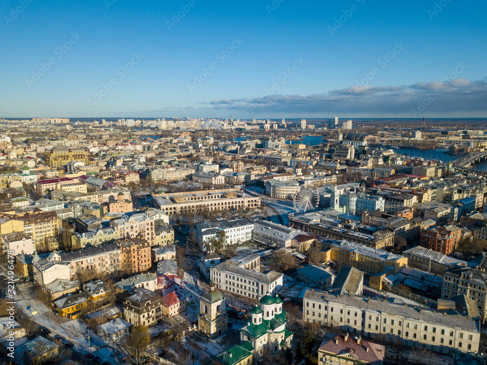 Aerial drone view. View of the streets of Podil.