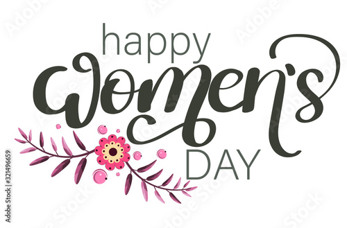 Happy Women's day text lettering with flowers and hearts