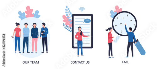 Our team, contact us, FAQ. Concepts for web site, landing page, templates, banners. Support service, dispatcher, hotline. Flat vector illustration isolated on white background.