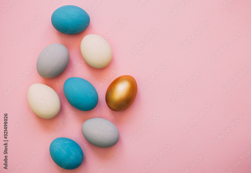Easter eggs, colorful flat lay with copy space for text, easter holiday card Easter eggs, colorful flat lay with copy space for text, easter holiday card