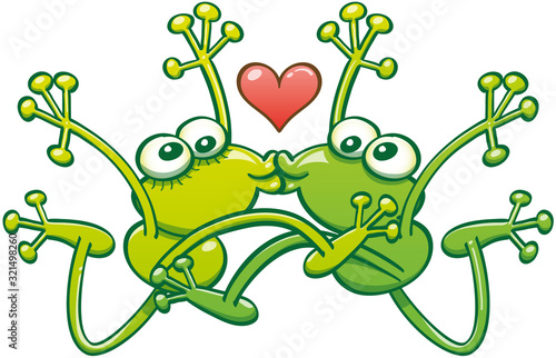 Leggy green frogs with crossed eyes having lots of fun meeting in a crazy romantic encounter. These frogs are performing an acrobatic jump to kiss and show a red heart. They are madly in love